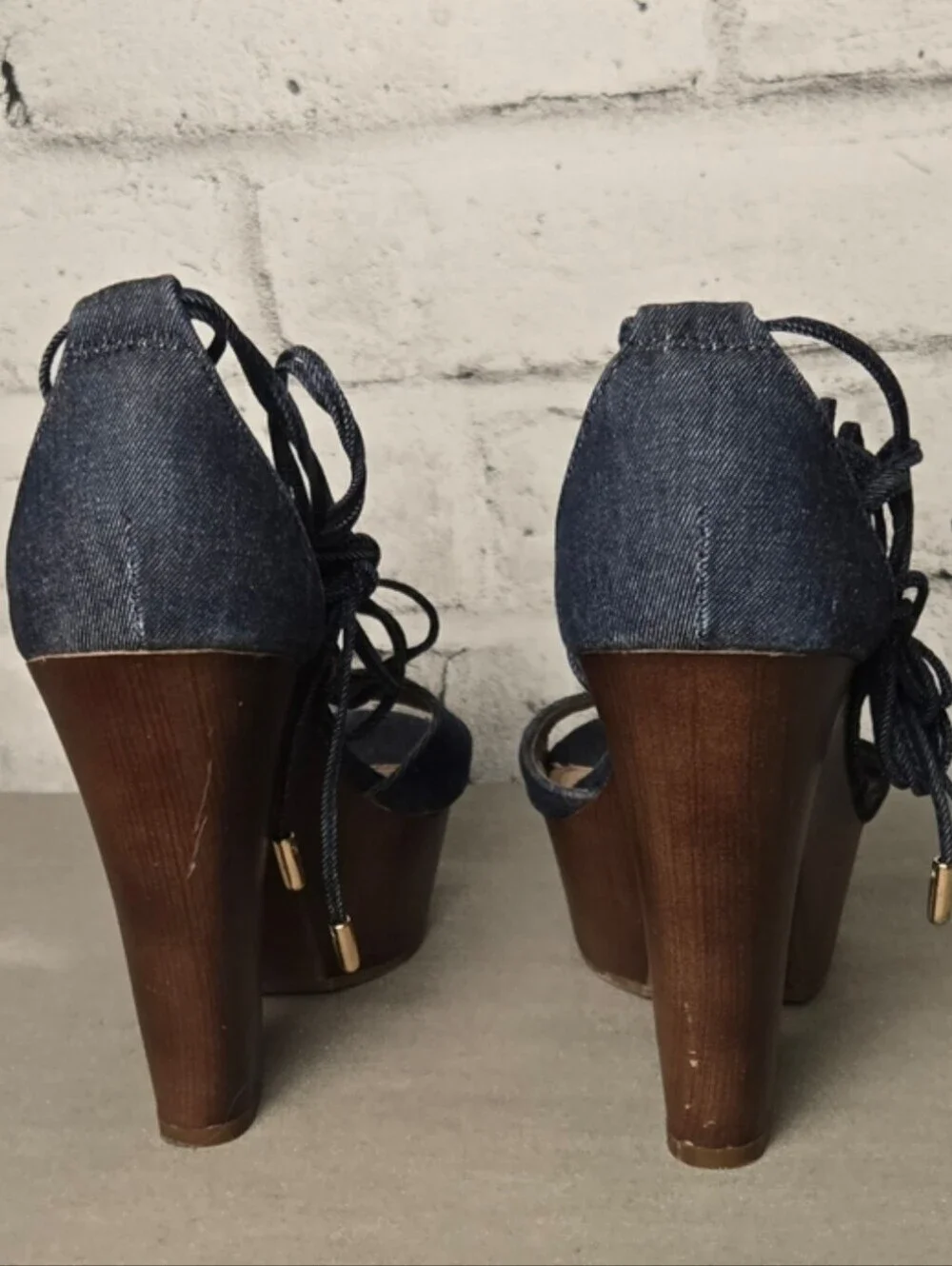 Brash Denim Lace Up Platform Heels Chunky Wooden Sandals Size 8.5